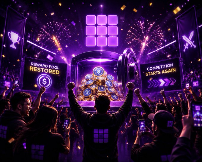 The image depicts a celebratory scene with a vault overflowing with gold coins bearing dollar signs, under the text "REWARD POOL RESTORED" and "COMPETITION STARTS AGAIN," mirroring the announcement of the return of the $10,000 USDC Giveaway.