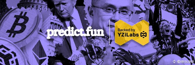 A purple-tinted promotional graphic showing 'predict.fun' and 'Backed by YZiLabs' alongside images of political figures, Bitcoin imagery, and traditional symbols.