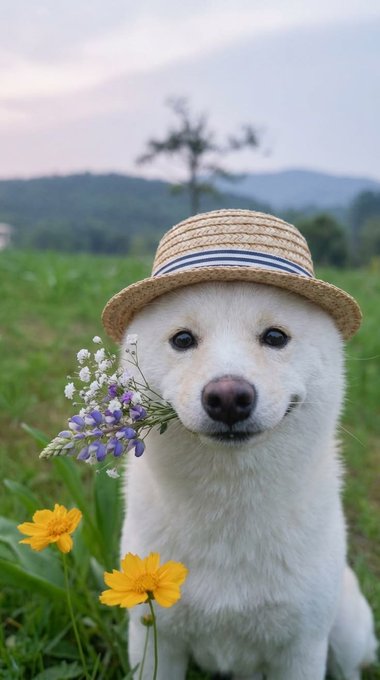 A white dog wearing a straw hat, holding a small bouquet of purple and white wildflowers in its mouth, with yellow flowers in the foreground.