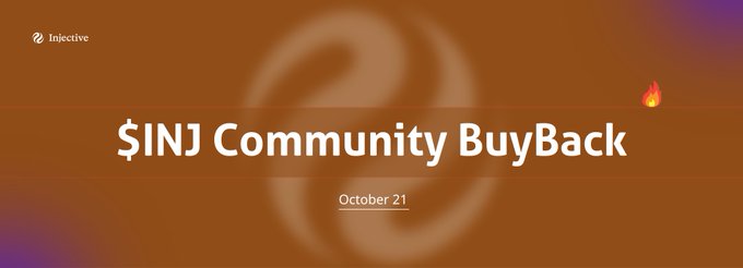 A banner for Injective's '$INJ Community BuyBack' dated October 21, featuring a stylized flame logo on an orange gradient background.