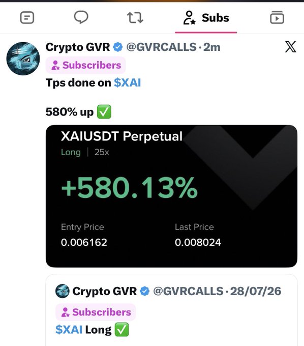 A screenshot of a Twitter/X post from Crypto GVR (@GVRCALLS) showcasing a profitable $XAI long trade on XAIUSDT Perpetual with 25x leverage, achieving a +580.13% gain (entry at 0.006162, last price at 0.008024), shared as a "Tps done on $XAI" for subscribers.