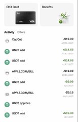 A screenshot of a Cash App activity feed shows transactions including CupCut -$19.00 and several USDT deposits of +$19.00 each via Apple and CoinBill.