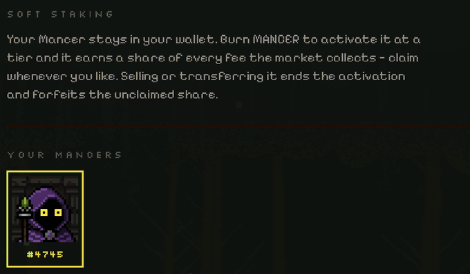 A dark interface screen explaining 'SOFT STAKING' for a Manager that stays in the user's wallet, featuring a pixelated purple-hooded character NFT (#4745).