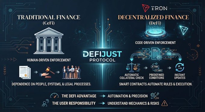 A digital infographic comparing 'TRADITIONAL FINANCE (CeFi)' and 'DECENTRALIZED FINANCE (DeFi)' for the 'DEFIJUST PROTOCOL' under the 'TRON' logo, highlighting human-driven versus code-driven enforcement.