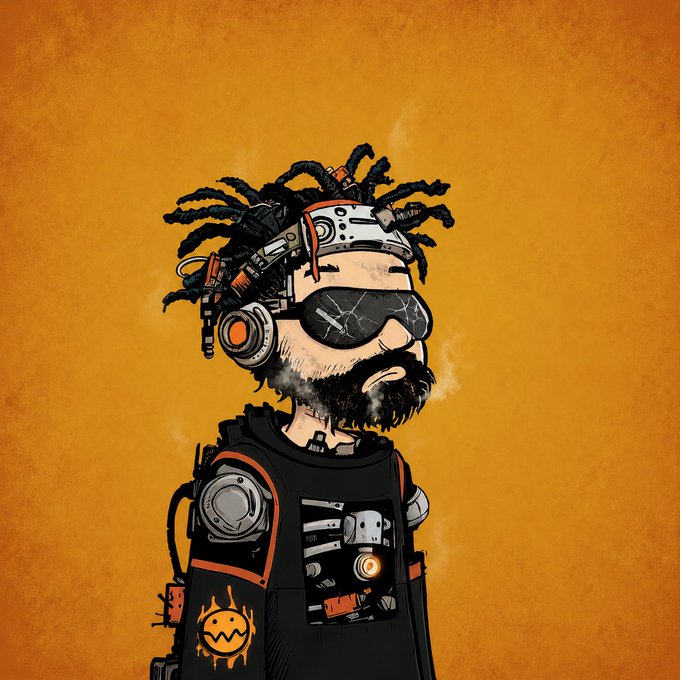 A digital illustration of a bearded man with dreadlocks, wearing futuristic sunglasses with cracked lenses, a metal headband, and a tactical vest featuring mechanical details and a yellow face logo, against a yellow-orange background.