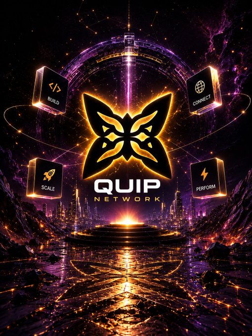 The image features a futuristic, cosmic-themed promotional graphic for "QUIP NETWORK," displaying a glowing butterfly/fox-like emblem at the center surrounded by four floating cards labeled "BUILD," "CONNECT," "SCALE," and "PERFORM," all set against a vibrant purple and orange sci-fi cityscape backdrop. This visually reinforces the accompanying post about perseverance through challenging market conditions, with the Quip Network's node-running routine serving as the user's source of consistency and anticipation leading up to their TGE (Token Generation Event).