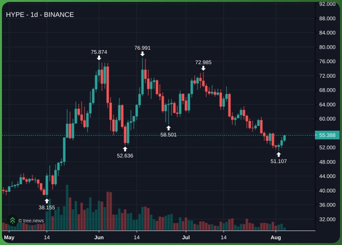 A daily HYPE/BINANCE candlestick chart showing price action from May through August, with key levels marked at 38.155, 52.636, 58.501, 75.874, 76.991, and 72.985, currently trading near 55.389 after bouncing from a recent low of 51.107.

The chart visually supports the bullish thesis by showing HYPE holding above the ~$51–52 support zone ("tourists are gone") and consolidating near 55.39, setting up a potential breakout toward new all-time highs above 76.99.
