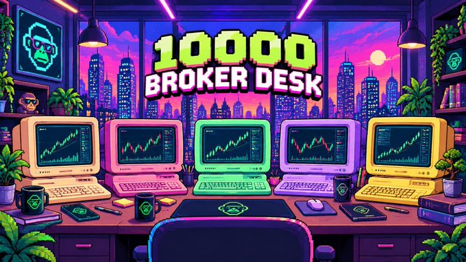 The image features a vibrant pixel-art style "10000 BROKER DESK" setup with five retro monitors displaying trading charts against a neon city skyline. This visual aligns with the post promoting a free broker desk NFT mint for $APEBROKE token holders and ApeSyndicate NFT holders, directing users to claim their guaranteed whitelist spot at ApeSyndicates.xyz.