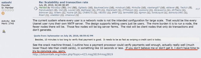 The image shows a Bitcointalk forum post by user "satoshi" (Founder) with a quote from "bytemaster" dated July 28, 2010, 08:59:42 PM, containing the underlined red text "If you don't believe me or don't get it, I don't have time to try to convince you, sorry." The post relates to the accompanying caption by highlighting the same exact quote from the 16-year-old forum thread about scalability and transaction rates.