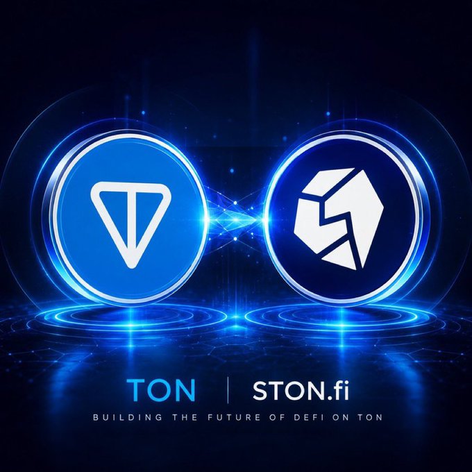 A futuristic blue graphic featuring the TON and STON.fi logos with the tagline 'Building the future of DeFi on TON'.