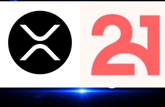The XRP cryptocurrency logo displayed next to a large red number '21' against a dark blue digital grid background.
