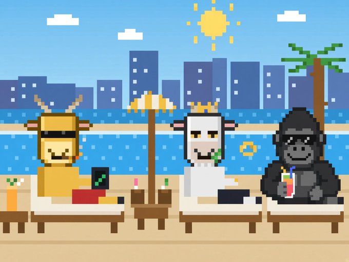 A pixel art scene depicting a cow, a sheep, and a gorilla relaxing on beach lounge chairs under a sunny sky with a city skyline in the background, with a life preserver floating in the water.