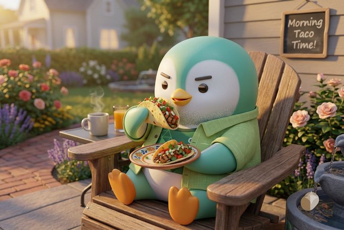 A 3D-rendered cartoon penguin wearing a green shirt sits in a wooden Adirondack chair, eating tacos, with a 'Morning Taco Time!' chalkboard sign nearby.