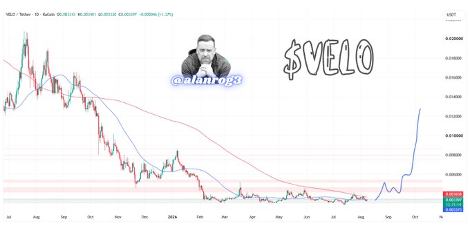 A candlestick chart showing VELO/USDT price action with a dramatic blue projection line indicating a sharp upward surge, overlaid with a photo of trader @alanrog3 and the stylized "$VELO" logo, suggesting an optimistic price forecast that aligns with the community's enthusiasm for Velo Protocol.