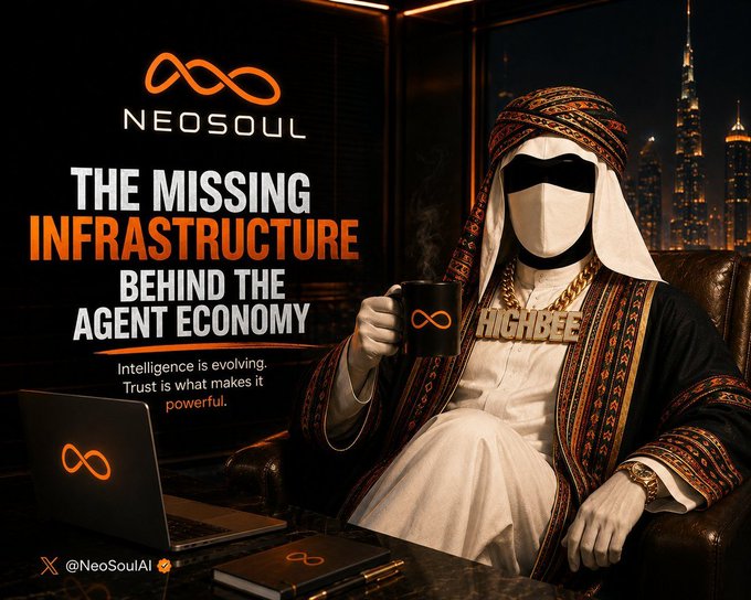 A promotional graphic for 'NEOSOUL' features a masked figure in traditional Arab attire holding a coffee mug, with the text 'THE MISSING INFRASTRUCTURE BEHIND THE AGENT ECONOMY' and '@NeoSoulAI' visible.