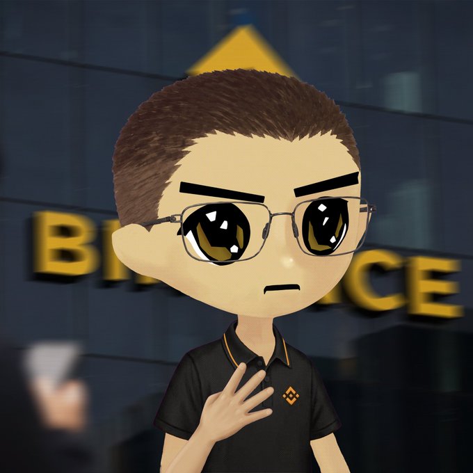 A chibi-style cartoon avatar with glasses and a black Binance polo shirt stands in front of a blurred Binance logo background. The image relates to the post as a personal avatar/pfp promoting a Binance-themed airdrop giveaway to engage the crypto community.
