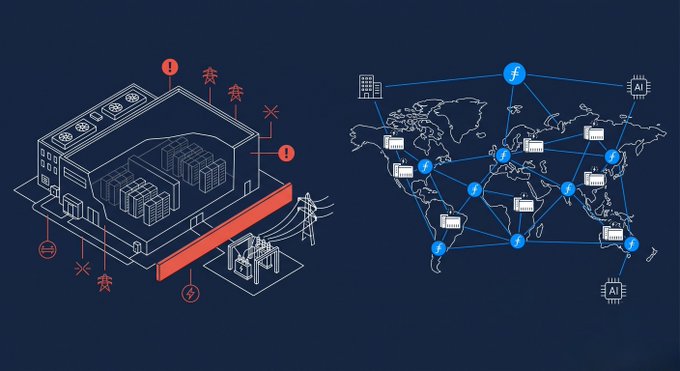 The illustration contrasts a traditional data center on the left—marked with warning symbols, power lines, and cooling infrastructure tied to a local electrical grid—with a distributed global network on the right, showing interconnected nodes spanning across a world map linked by blue lines and icons. It visually reinforces the post's message: while physical data centers like the 430,000-square-foot Digital Realty facility in Santa Clara remain stalled awaiting grid capacity until 2028, Filecoin's decentralized storage network operates independently of any single location's power constraints.