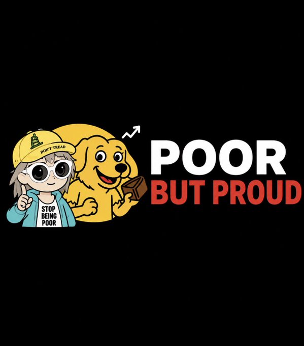 The image features a cartoon dog wearing a yellow hat, standing next to a person who has sunglasses on their head. They are both smiling at the camera. Below them, there's text that reads "Stop Poor But Proud". The main focus of this image is the interaction between the cartoon dog and the person with sunglasses, as well as the accompanying text promoting positivity and discouraging negative attitudes or behaviors.