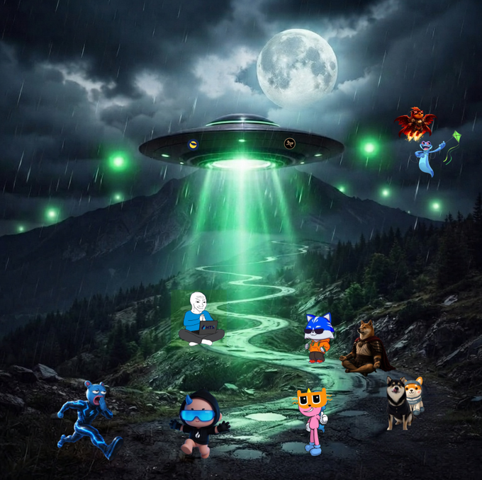 A whimsical digital collage depicts various internet memes and cartoon characters—including Sonic, a blue furry creature, and Wojak—gathered on a path beneath a glowing UFO during a full moon.