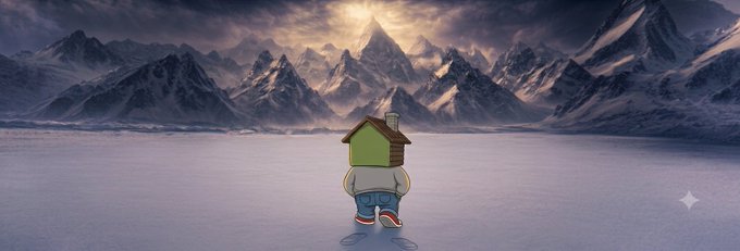 A small figure with a green-roofed house on its head stands in a snowy landscape facing dramatic mountain peaks.
