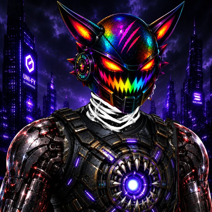 A cyberpunk-style digital illustration of a menacing armored character with a neon-glowing helmet featuring cat-like ears and sharp teeth, set against a dark futuristic cityscape with visible 'UNI-FY D-COMMERCE' and 'SOLINA' logos.