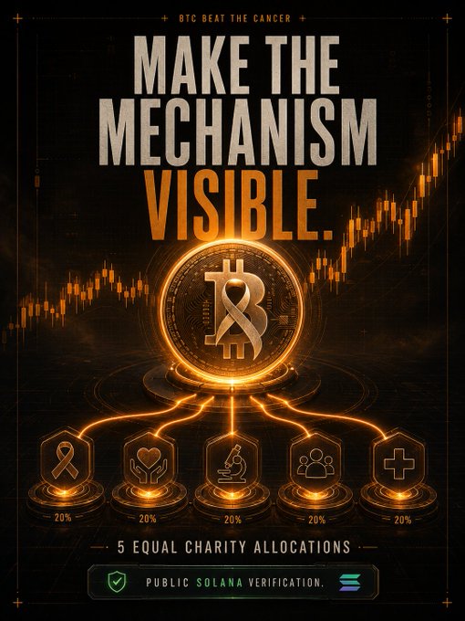 A crypto charity poster titled 'MAKE THE MECHANISM VISIBLE' for 'BTC BEAT THE CANCER', showing 5 equal 20% charity allocations and public Solana verification.