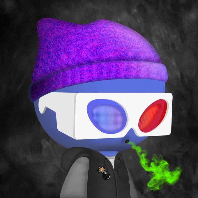 A digital illustration of a stylized blue character wearing a purple beanie, white futuristic goggles with red/blue lenses, a bomb pin badge, and exhaling green smoke against a dark textured background.