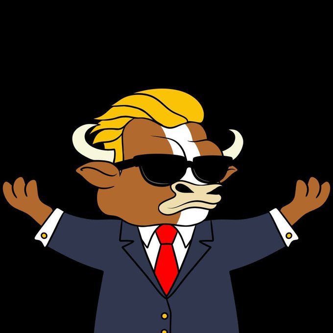 A cartoon bull wearing sunglasses, a business suit, and a red tie stands with arms outstretched in a welcoming pose. The image ties to the "bulls incoming $MUMU" post by visually representing the bullish market sentiment through the confident, suited-up bull mascot signaling a rally.