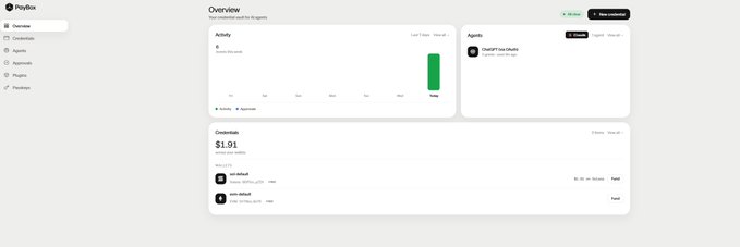 The image shows a PayBox dashboard screenshot displaying an overview with zero activity, $1.91 in total dividends, and a single connected agent account "TradGPT Com Q4K9" — a near-empty interface with only test transactions that appears to contradict the post's mention of an active MoonPay PayBox airdrop.