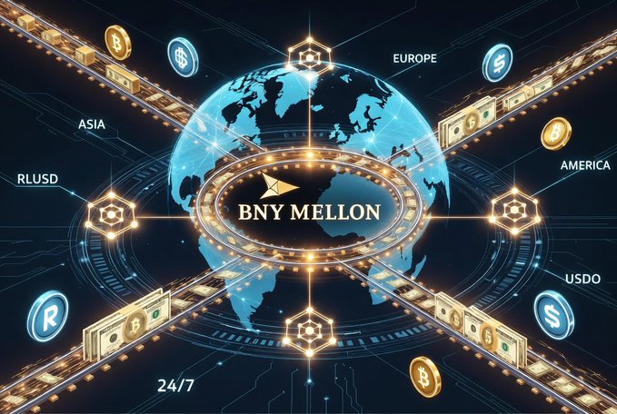 The image showcases a futuristic globe with "BNY MELLON" at its center, surrounded by interconnected digital pathways featuring currency symbols, regional labels (ASIA, EUROPE, AMERICA), and stablecoin tickers (RLUSD, USDO), alongside "24/7" — visually illustrating BNY Mellon's expansion into around-the-clock, tokenized U.S. Treasury settlement.