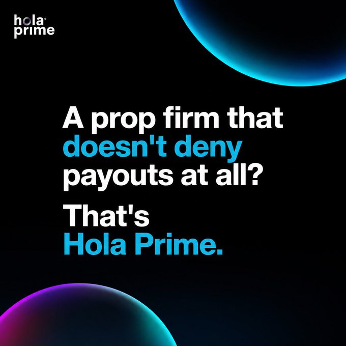 The image is a promotional graphic for Hola Prime featuring the text "A prop firm that doesn't deny payouts at all? That's Hola Prime." displayed in white and blue lettering against a black background with colorful spherical accents. It complements the post's message by emphasizing the firm's reliable payout policy, which addresses the poster's concern about whether profits will actually be delivered.