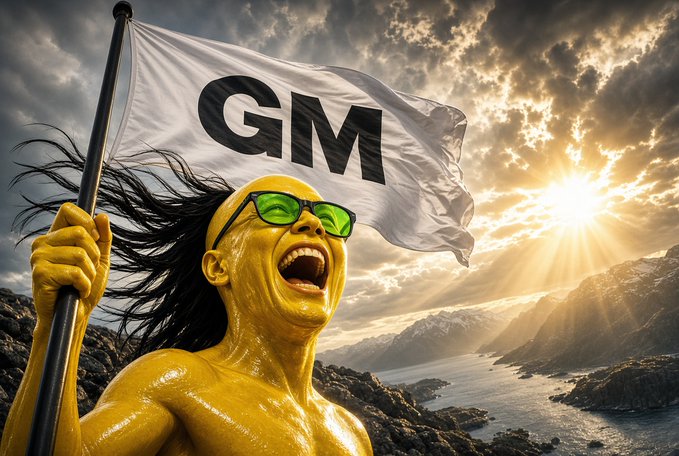 A surreal image of a yellow-painted figure with green sunglasses laughing wildly while holding a white flag emblazoned with 'GM' against a dramatic mountain landscape at sunset.