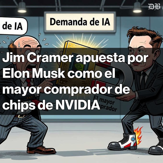 A Spanish-language financial news graphic with cartoon illustrations of two men fighting over an NVIDIA chip, headlined 'Jim Cramer apuesta por Elon Musk como el mayor comprador de chips de NVIDIA'.