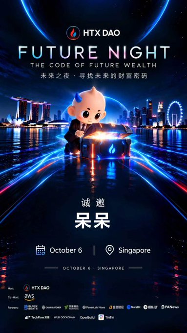 An event invitation poster for 'HTX DAO FUTURE NIGHT' dated October 6 in Singapore, featuring a cartoon character opening a glowing chest against a neon cityscape, with sponsors including aws, Beosin, and PANews.