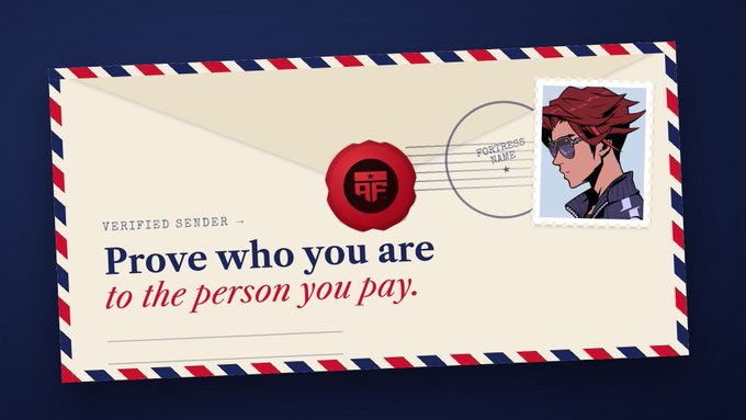 Animated envelope graphic with text 'VERIFIED SENDER - Prove who you are to the person you pay' and a character portrait on a postage stamp.