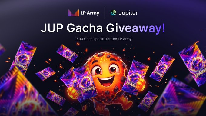 A promotional graphic announces a 'JUP Gacha Giveaway!' featuring 500 Gacha packs for the LP Army, with logos for LP Army and Jupiter at the top and a cartoon mascot surrounded by fiery cards.