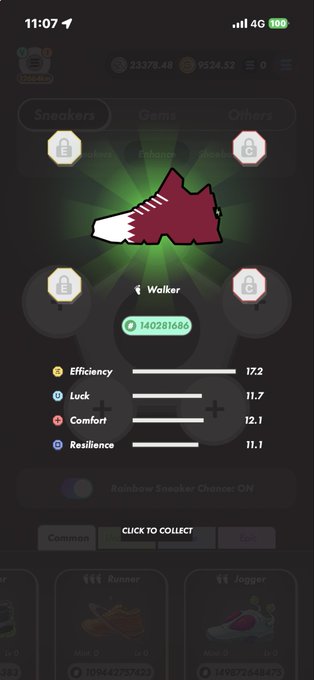 The image shows a phone screen displaying an app called "Stepn" with a pair of shoes, specifically a red and white shoe, as its main focus. The app has four different settings or options for users to choose from, including "Easy", "Advanced", "Efficient", and "Comfortable". The post also mentions that the app is related to the FIFA World Cup, which could be an interesting connection between the shoes and the event.
