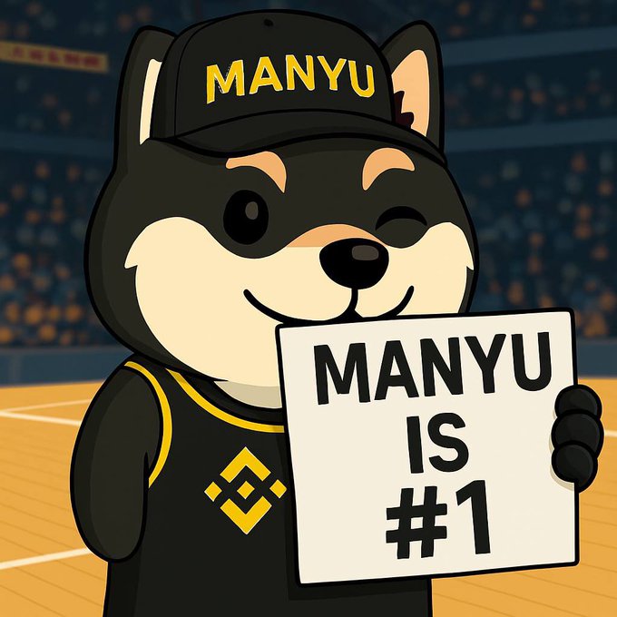 The image features a cartoon dog wearing a black hat with the word "MANNYU" written on it, holding up a sign that says "MANNYU IS 1". The background of the image shows a basketball court with a crowd watching from behind the fence. The caption above the image reads "Manyufesting billions... The special dog will moon The moon mission is already planned. $MANNYU forever".