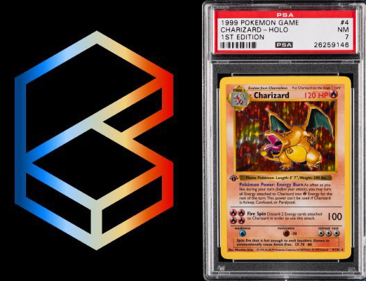 A PSA-graded 1999 Pokémon Charizard holographic 1st Edition card (#4, grade NM 7, cert 26259146) is displayed alongside the Collector Crypt logo, visually representing the high-value Pokémon card collectibles driving the platform's $10,450,000 in 30-day revenue.