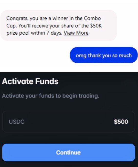 A screenshot shows a message saying 'Congrats, you are a winner in the Combo Cup. You'll receive your share of the $50K prize pool within 7 days' followed by 'omg thank you so much', with an 'Activate Funds' screen below offering USDC $500.