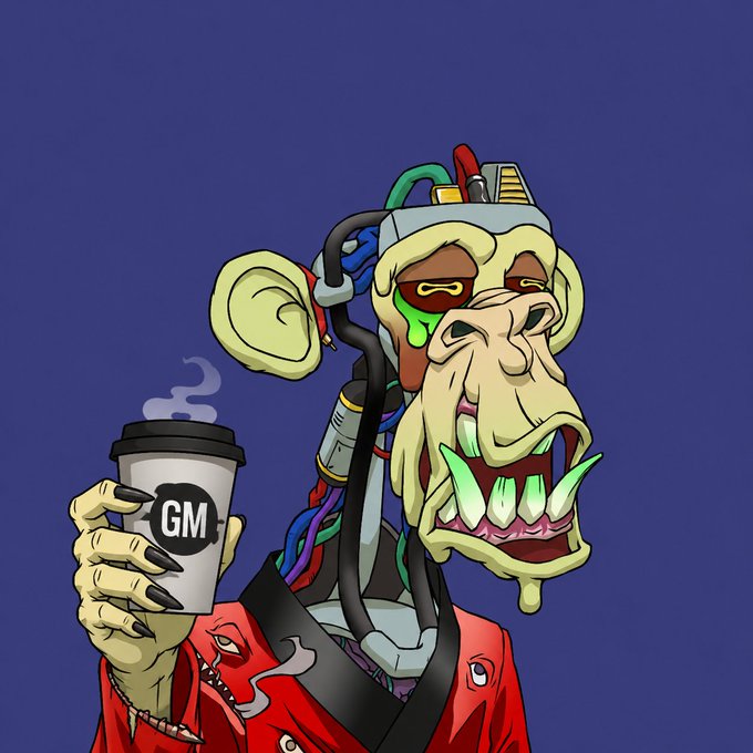 A cartoon illustration of a grotesque, zombified monkey character with exposed wires, sharp green teeth, and one glowing eye. The character wears a red jacket and holds a steaming coffee cup with 'GM' printed on it.