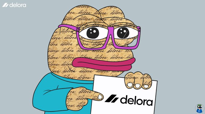 A Pepe the Frog character wearing pink glasses and a blue shirt holding a sign with the 'delora' logo.