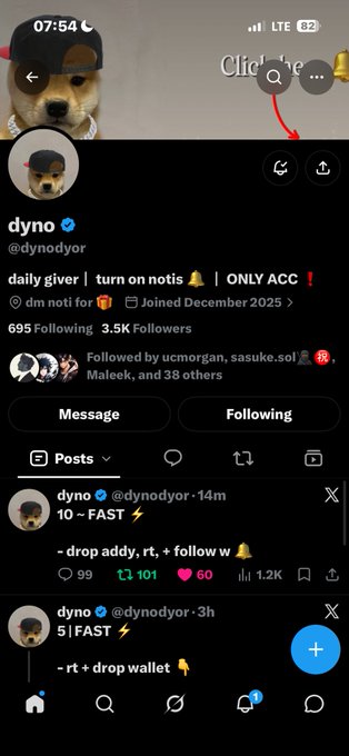 A Twitter/X profile page for verified user 'dyno' (@dynodyor) bio 'daily giver | turn on on notifs | ONLY ACC | dm noti for 📦 | Joined December 2025', with 695 Following and 3.5K Followers, showing recent posts about '10~ FAST', 'drop addy, rt, + follow w', and '5! FAST'.