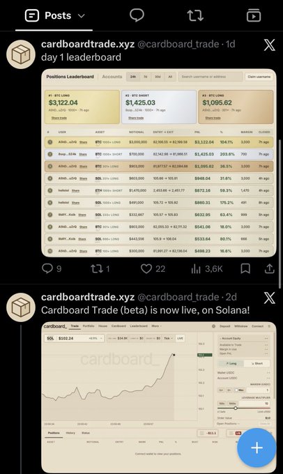 The screenshot shows a Twitter/X feed from @cardboard_trade displaying a leaderboard of Solana trading accounts (like "1, BTCLong," "Billions," "V5p," "hashmi") with positions worth millions in assets such as SOL, BTC, ETH, and JTO, alongside a second post announcing "Cardboard Trade (beta) is now live, on Solana!" The image illustrates the cringeworthy nature of the product being launched—a paper trading (simulated) leaderboard platform on Solana that mimics real trading platforms despite only handling fake money, which the poster found absurd given its endorsement by Jito and the Solana Foundation.