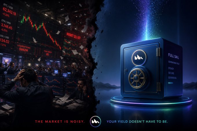 A split promotional image for a 'FULL SAIL' vault showing chaotic crashing markets on the left and a secure glowing blue safe on the right, with the tagline 'THE MARKET IS NOISY. YOUR YIELD DOESN'T HAVE TO BE.'