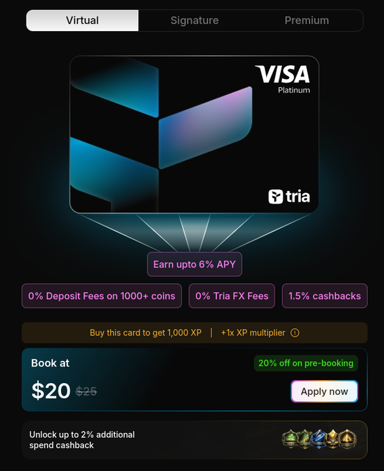 The image is a screenshot of a virtual signup form for a credit card. The main focus is an advertisement offering up to 6% APY with 0% transaction fees, plus a 1.5% cashback option. The terms also include a buy button that can be used to purchase this Visa Platinum payment method for $100 XP (XTP) and earn extra XP in return. Additional information on the offer suggests how users can quickly apply to get the card and enjoy its benefits right away.