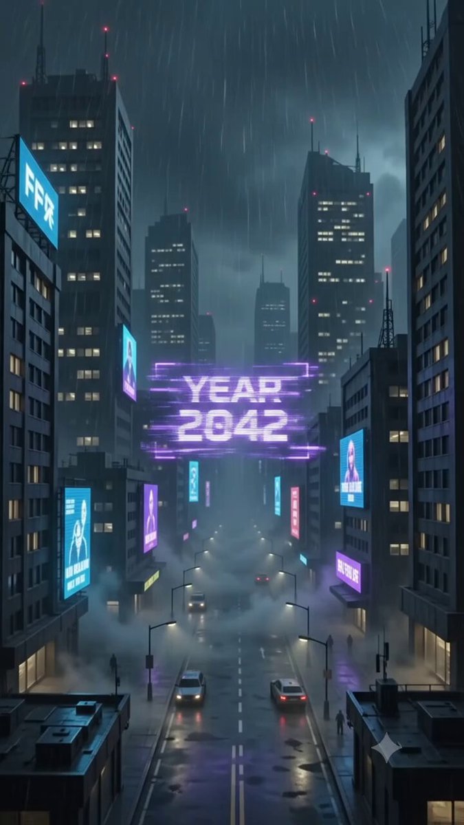 The image features a city street with tall buildings, neon signs, cars driving down the road, and rain falling from the sky. The text "Year 2042" is displayed above the scene, which could be related to an event or celebration taking place in the city. The overall atmosphere of the image suggests that it was created for an advertisement or promotional purpose, possibly related to a new year's event or a specific campaign involving Rokster and its AI universe.