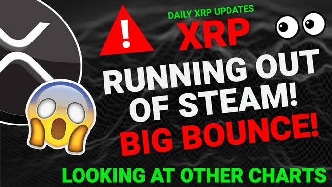 The image features a banner that reads "Running out of steam! Big bounce!" The banner also includes an emoticon of a person's face expressing surprise or fear, which is related to the message about running out of steam. The text on the banner indicates that there are daily updates available for XRP and other coins in the crypto world.