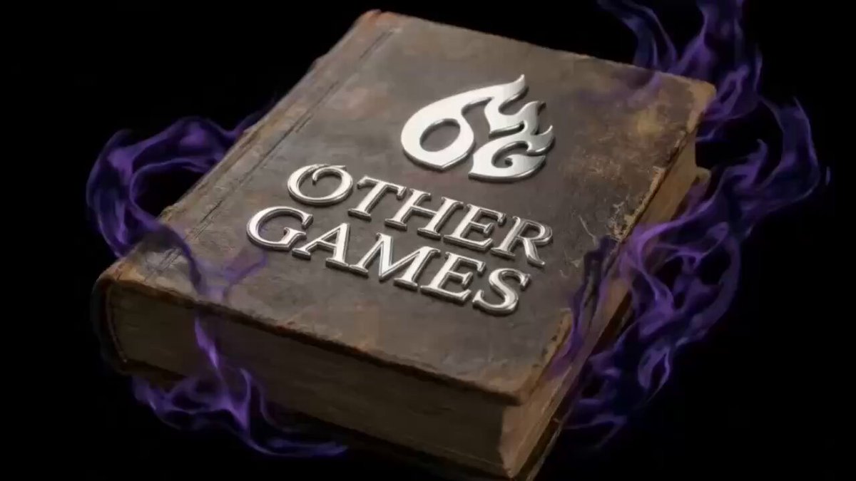 The image features a book with the words "Other Games" written on it, surrounded by purple flames that appear to be coming out of the top right corner. The background is black, which makes the colors of the flames stand out even more. The text in the image reads "Other Games", and there are two other texts present: one reading "GM Apes Voyagers & Vibe Kodas" and another saying "Chaos Trials @PSillyHeads".