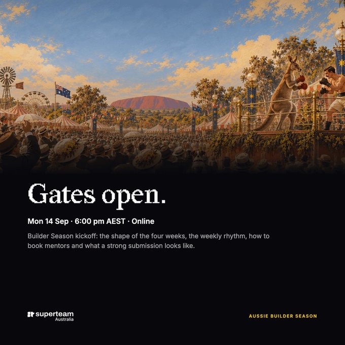 An event announcement poster features an Australian outback scene with Uluru and a boxer against a kangaroo, promoting 'Gates open. Mon 14 Sep · 6:00 pm AEST · Online' for Builder Season kickoff.